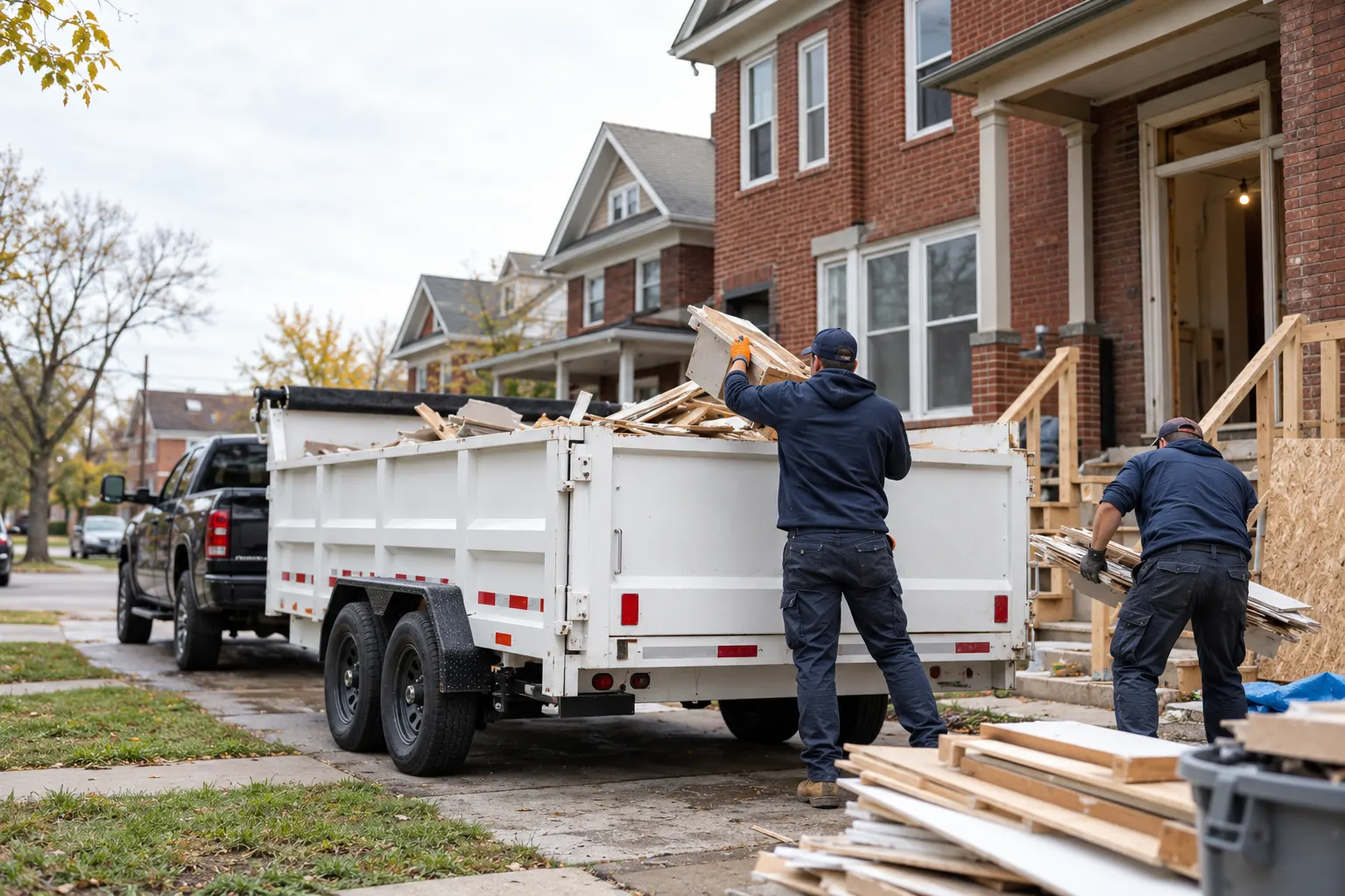 Crew loading renovation debris into a dump trailer in a Buffalo neighborhood